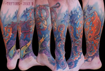 Illustrative style octopus, crab, and eel underwater tattoo by Jake B