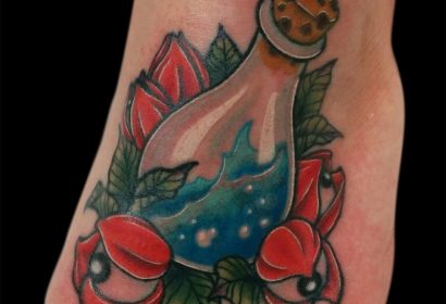 Neotraditional potion tattoo by Jake B