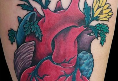 Neotraditional heart flowers tattoo by Jake B