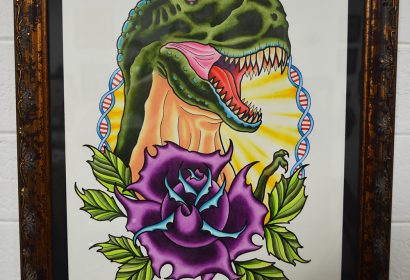 T-Rex and flower watercolor painting