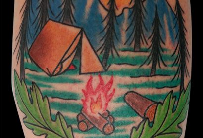 Traditional style campfire tattoo by Jake B