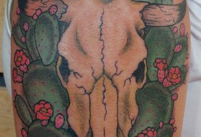 bull skull cactus southwest tattoo by Jake B