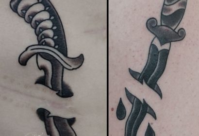 black and grey traditional dagger tattoo by Jake B