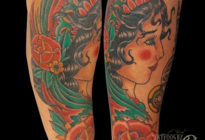 traditional gypsy head rose tattoo by Jake B