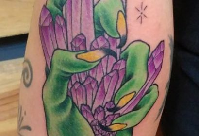 Neotraditional crystals hand tattoo by Jake B