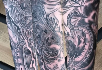 Black and grey kraken tattoo by Jake B