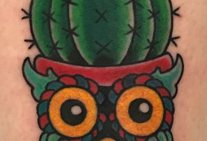 Traditional style cactus owl tattoo by Jake B