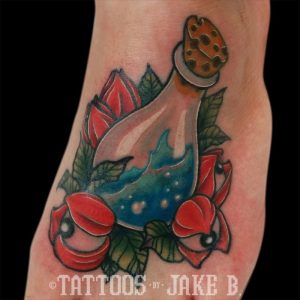 Neotraditional potion tattoo by Jake B