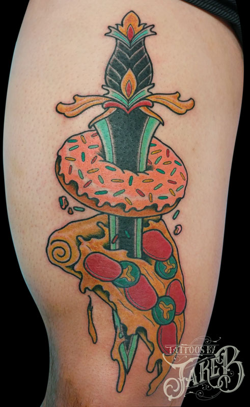 traditional donut pizza dagger tattoo