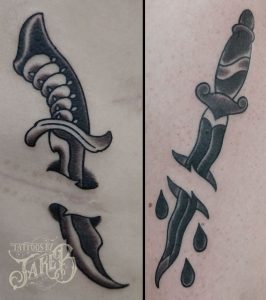 black and grey traditional dagger tattoo by Jake B