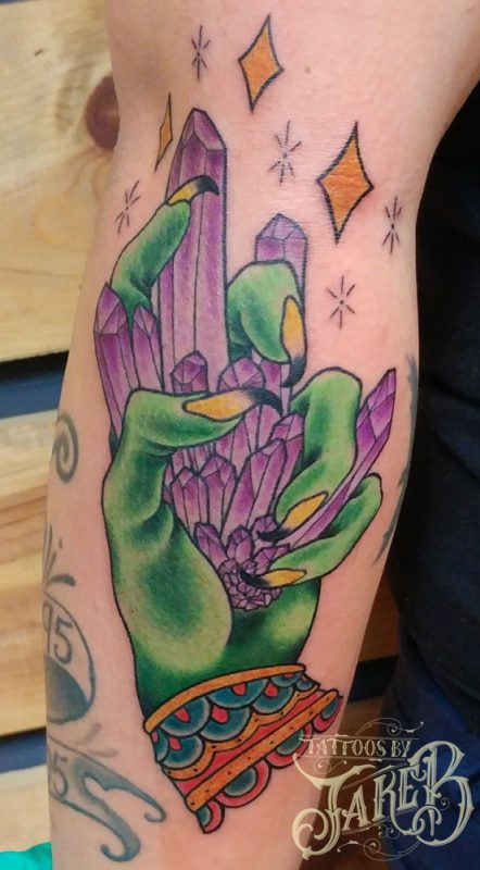 crystals & witch hand tattoo by Jake B