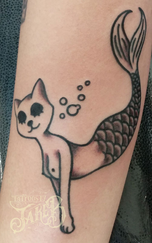 Traditional style cat mermaid tattoo by Jake B