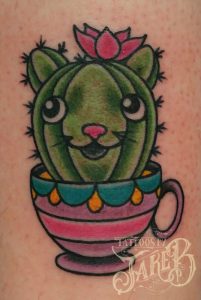 traditional style cactus cat tattoo