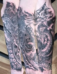 Black and grey kraken tattoo by Jake B