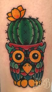Traditional style cactus owl tattoo by Jake B