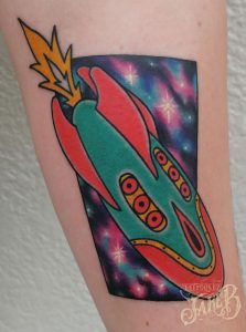 traditional style spaceship tattoo by Jake B