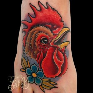 traditional rooster tattoo by Jake B