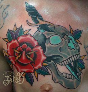 traditional skull rose dagger tattoo
