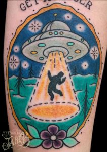 traditional aliens and ufo tattoo by Jake B