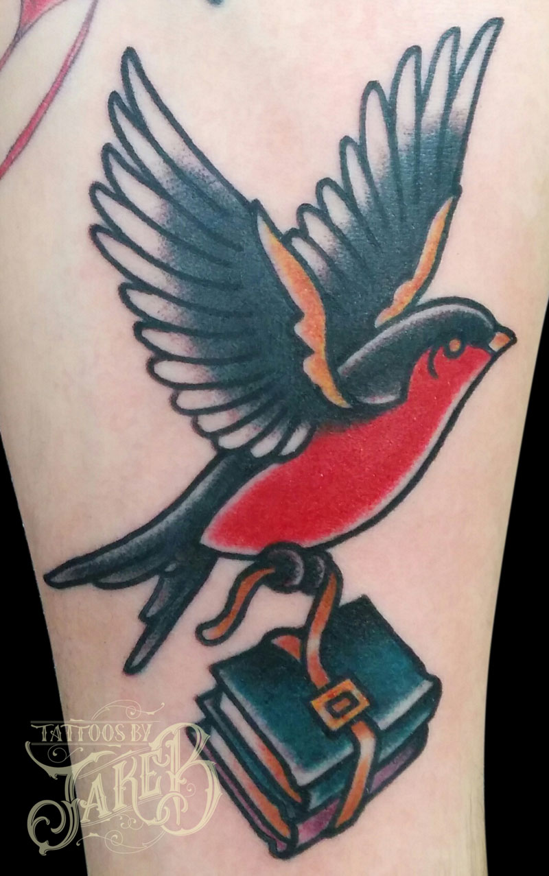 Traditional Nerdy Book Bird Tattoo - Tattoos by Jake B