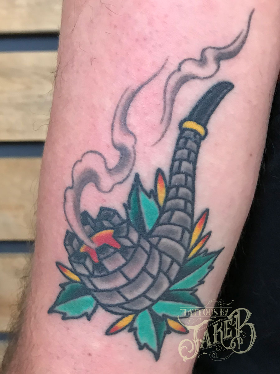 traditional castle pipe tattoo by Jake B