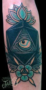 eye & d20 tattoo by Jake B