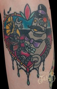 traditional dancing robot tattoo by Jake B