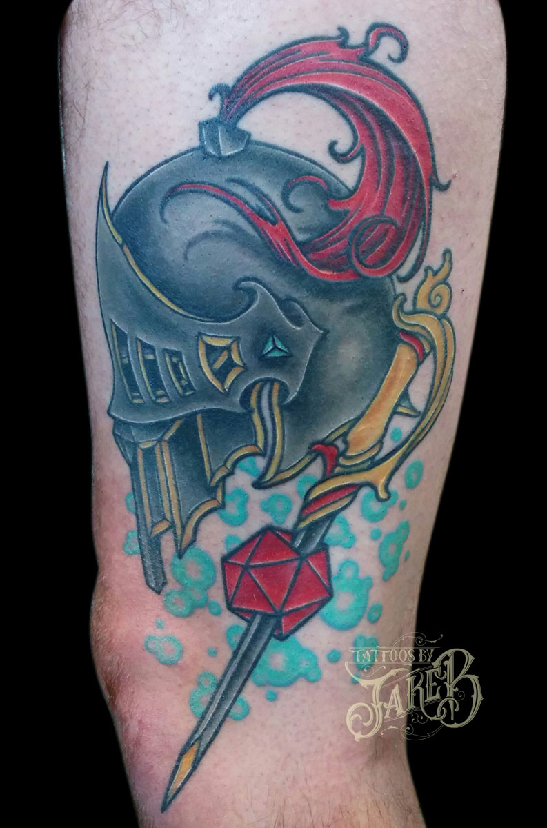dungeons & dragons helmet tattoo by Jake B
