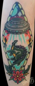 traditional dinosaur ufo tattoo by Jake B