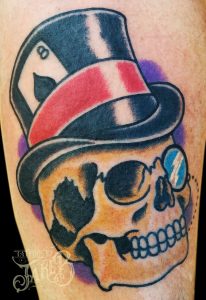 traditional gentleman skull tattoo by Jake B
