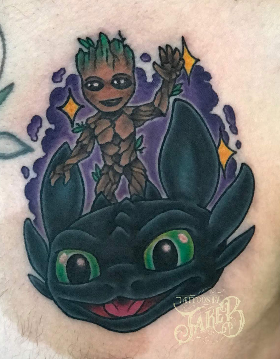 groot toothless tattoo by Jake B