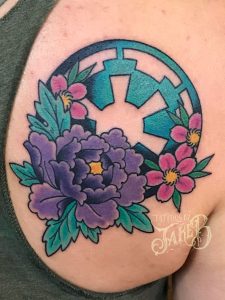 flowers and imperial crest tattoo by Jake B