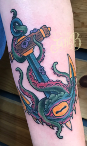 traditional creepy tentacle anchor tattoo by Jake B