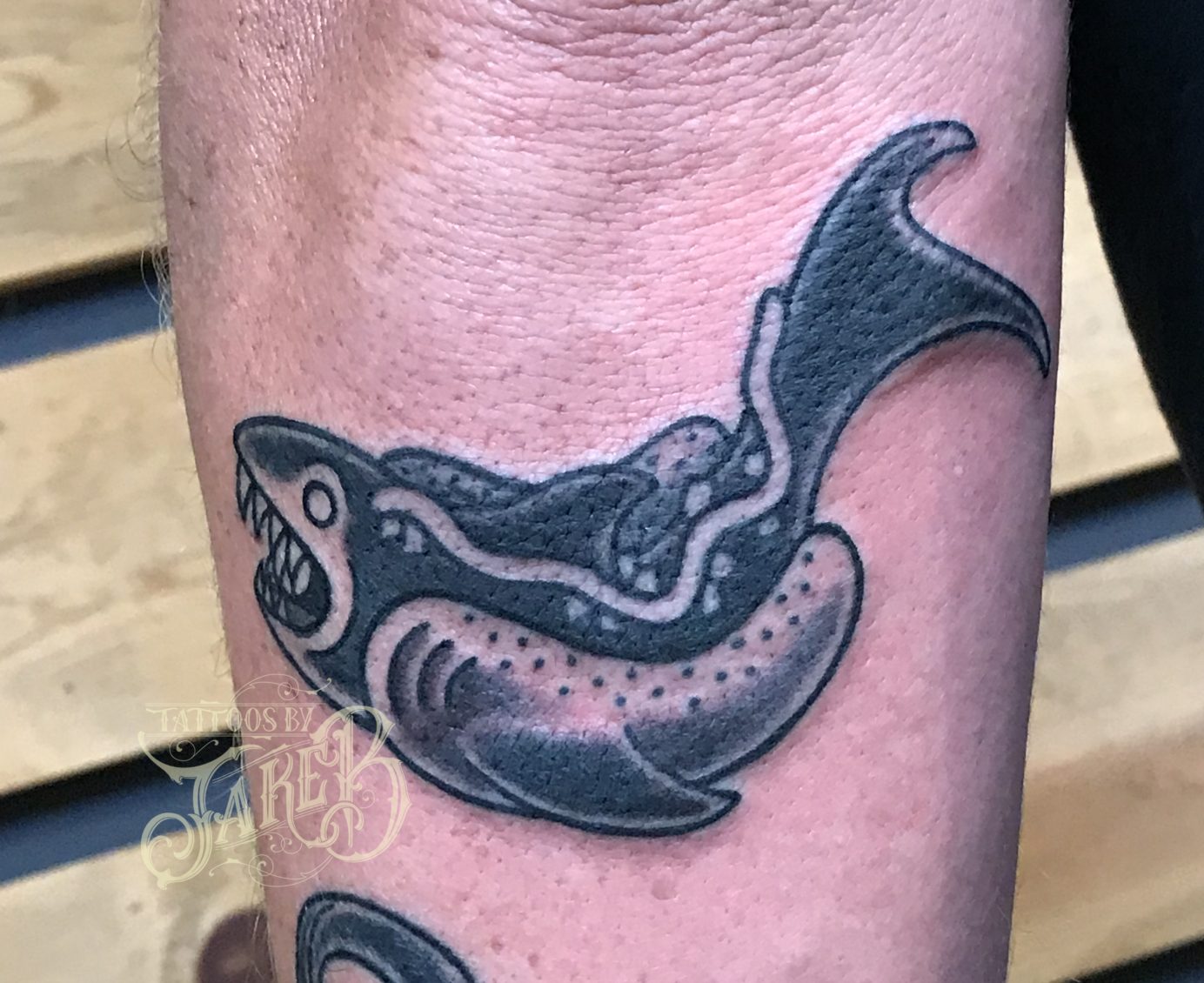 traditional hot dog shark tattoo by Jake B