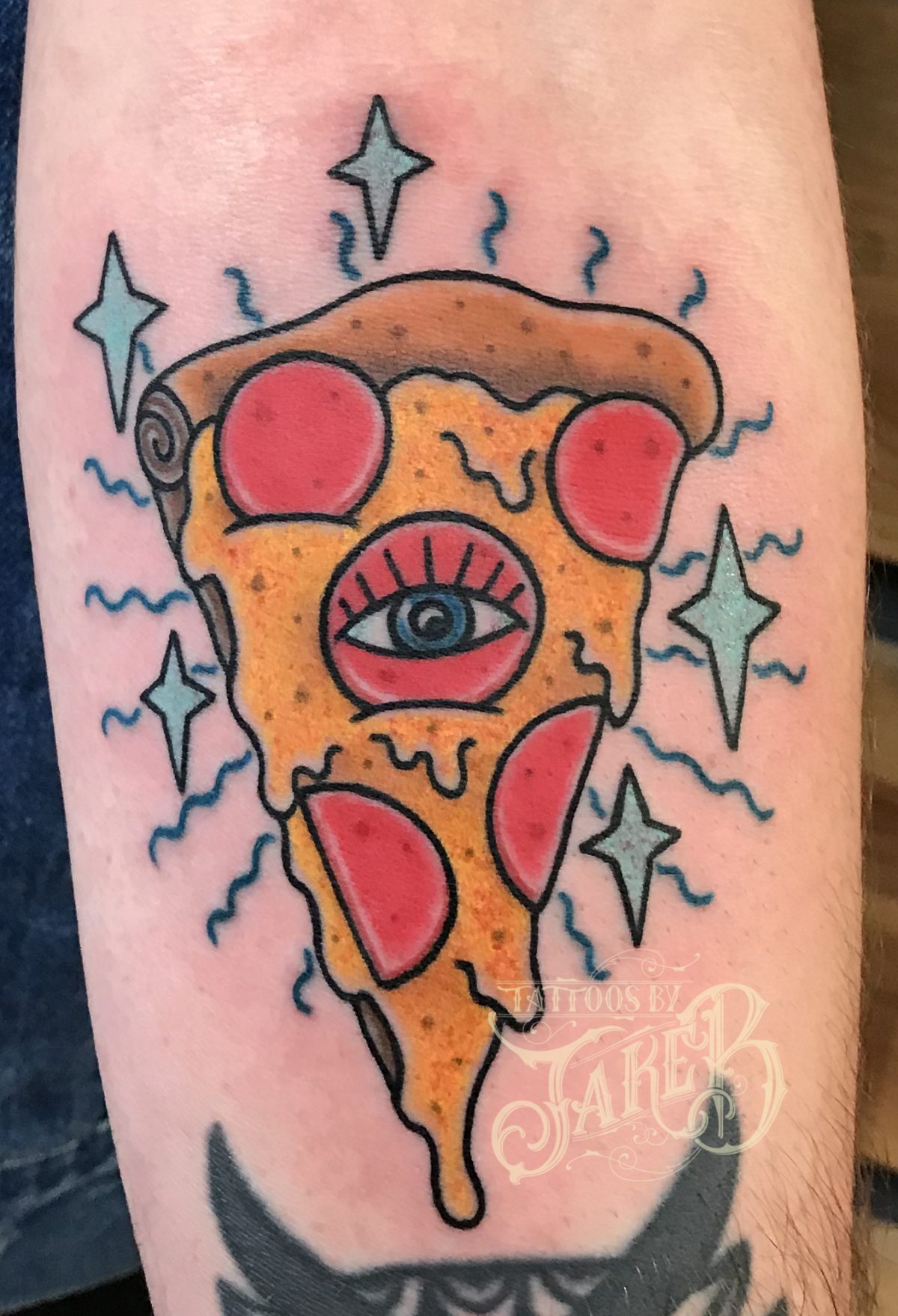 traditional mystic pizza tattoo by Jake B