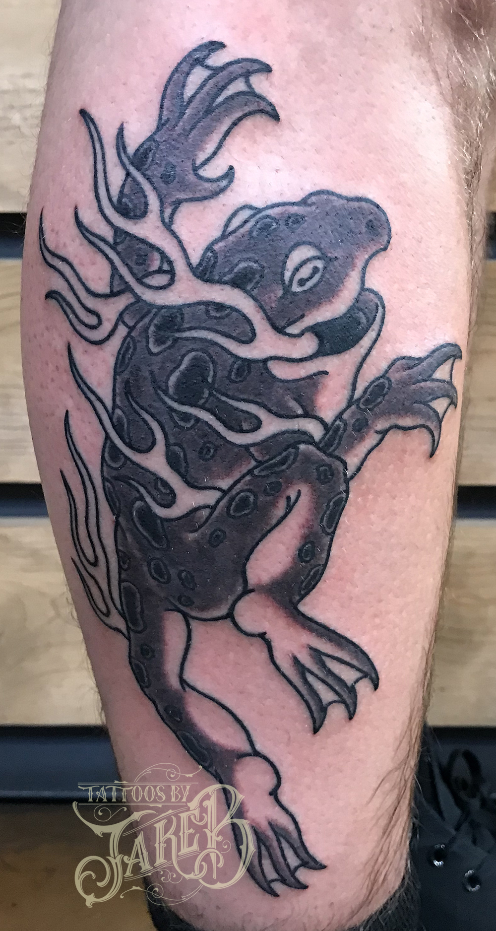 Black & grey frog tattoo by Jake B