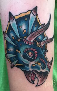Traditional Triceratops head tattoo by Jake B