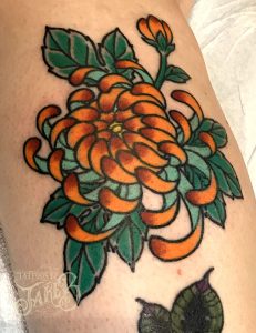 traditional chrysanthemum tattoo by Jake B
