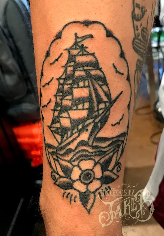 black and grey clipper ship tattoo by Jake B