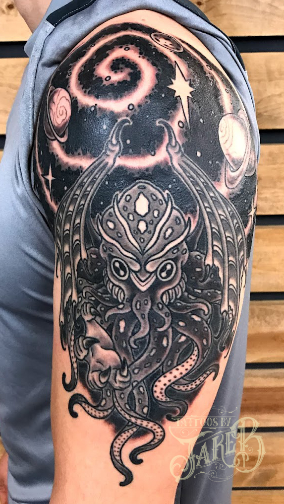 black and grey cthulu tattoo by Jake B