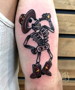 traditional skeleton tattoo by Jake B