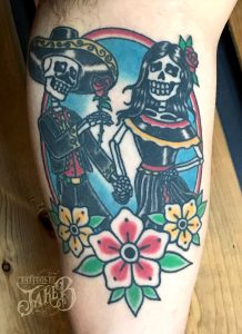 traditional skeleton couple tattoo by Jake B