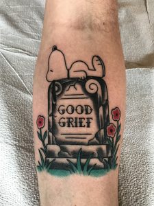snoopy dog gravestone tattoo by Jake B