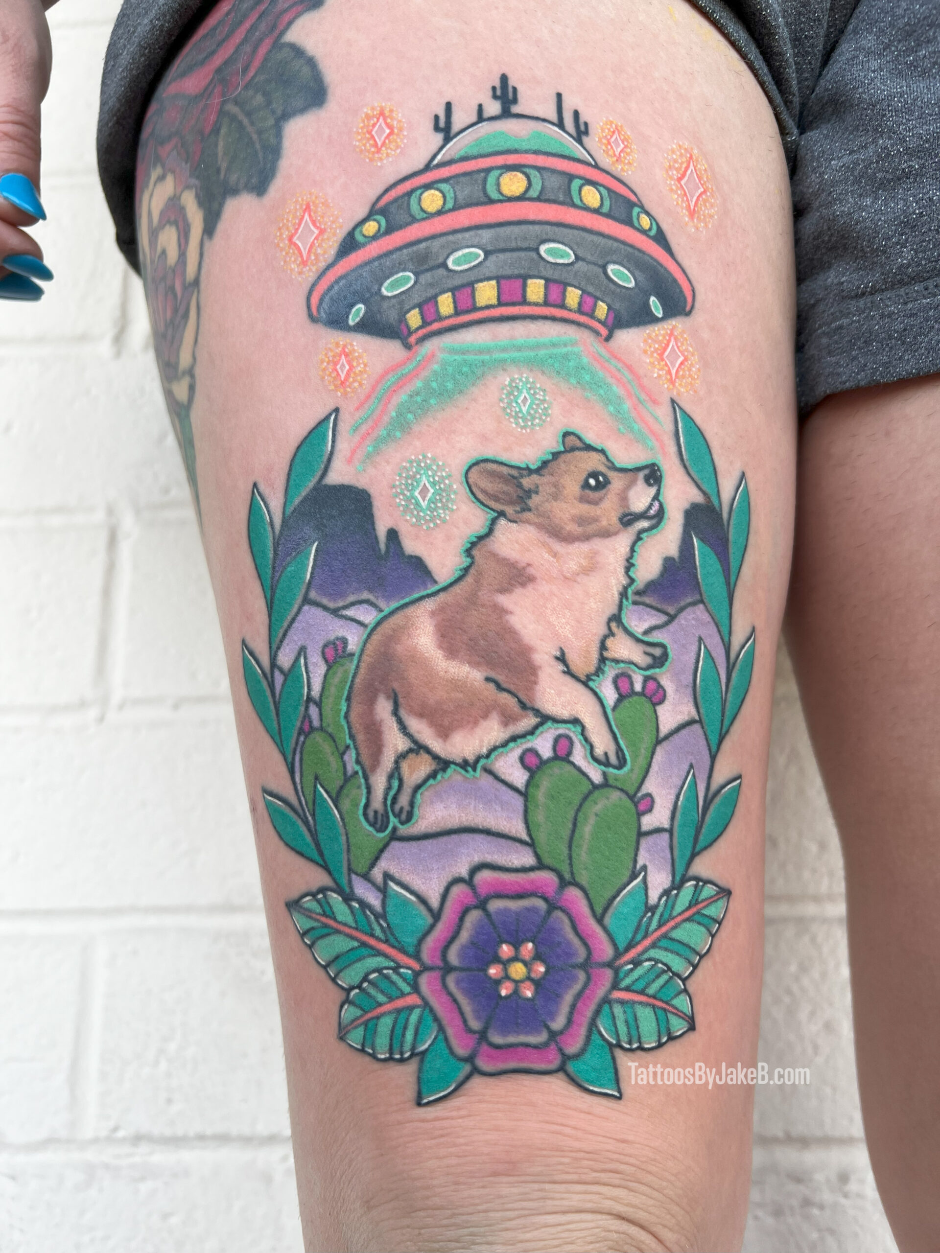 Traditional Corgi UFO tattoo by Jake B