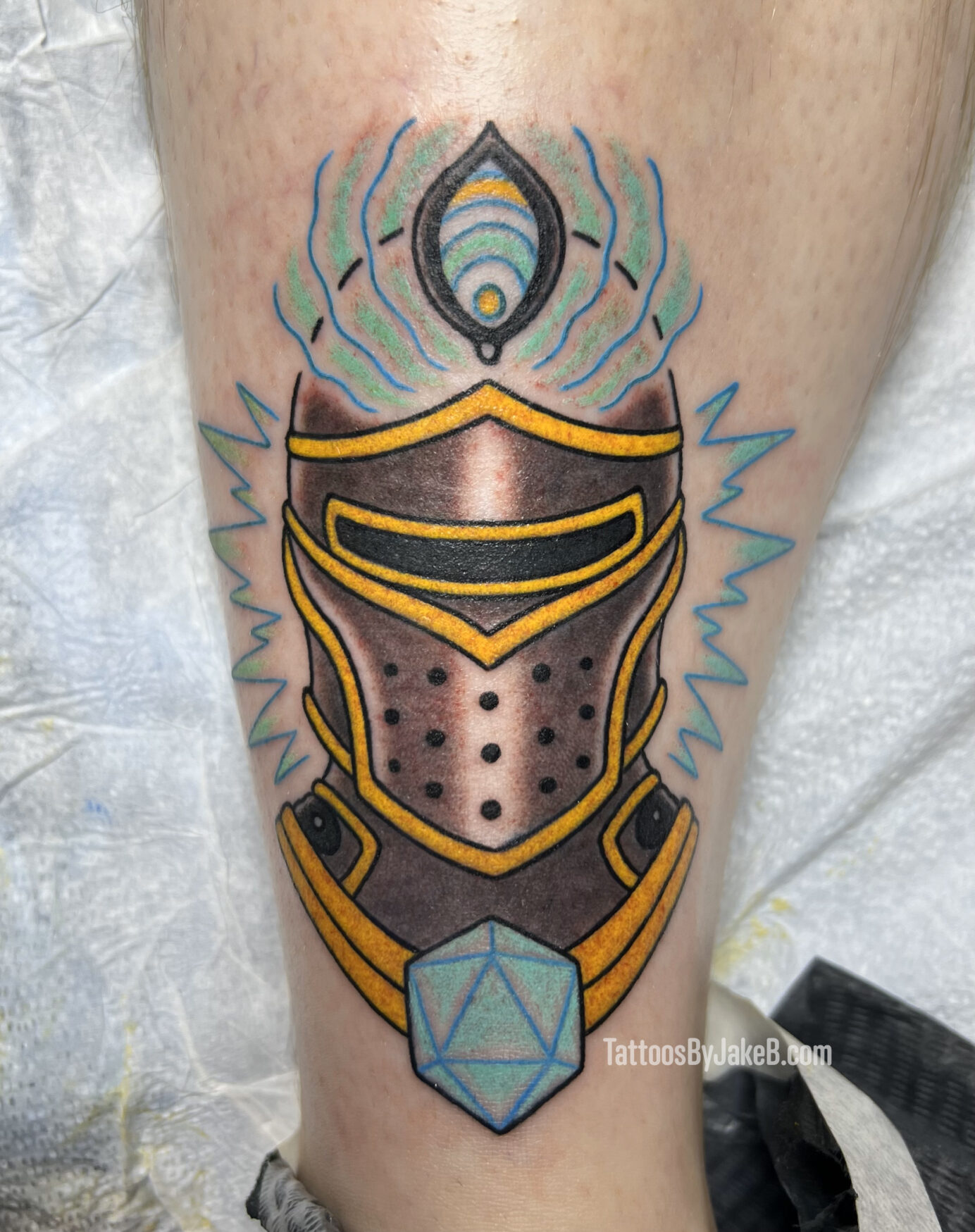 Knight helm tattoo by Jake B