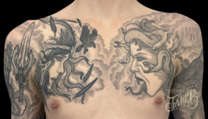 Valkyrie & Medusa chest piece tattoo by Jake B